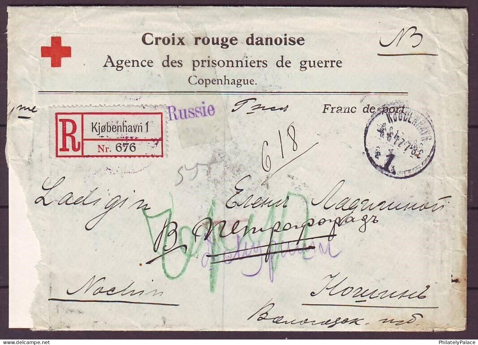 DENMARK 1917 RED CROSS RETURN Reg Censor Cover,Health, Copenhagen-Russia-Copenhagen(**) RARE - Brieven En Documenten