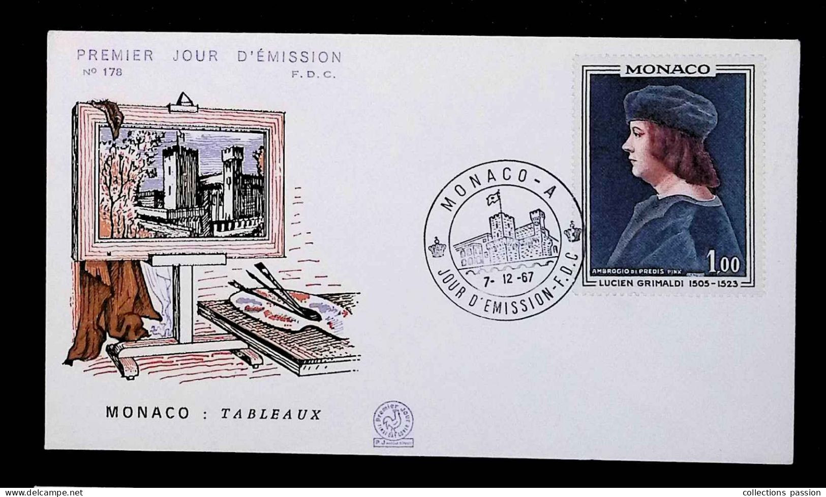 CL, FDC, 1 Er Jour, Monaco. A, 7-12-67, Tableaux, Lucien Grimaldi, N° 178 - FDC