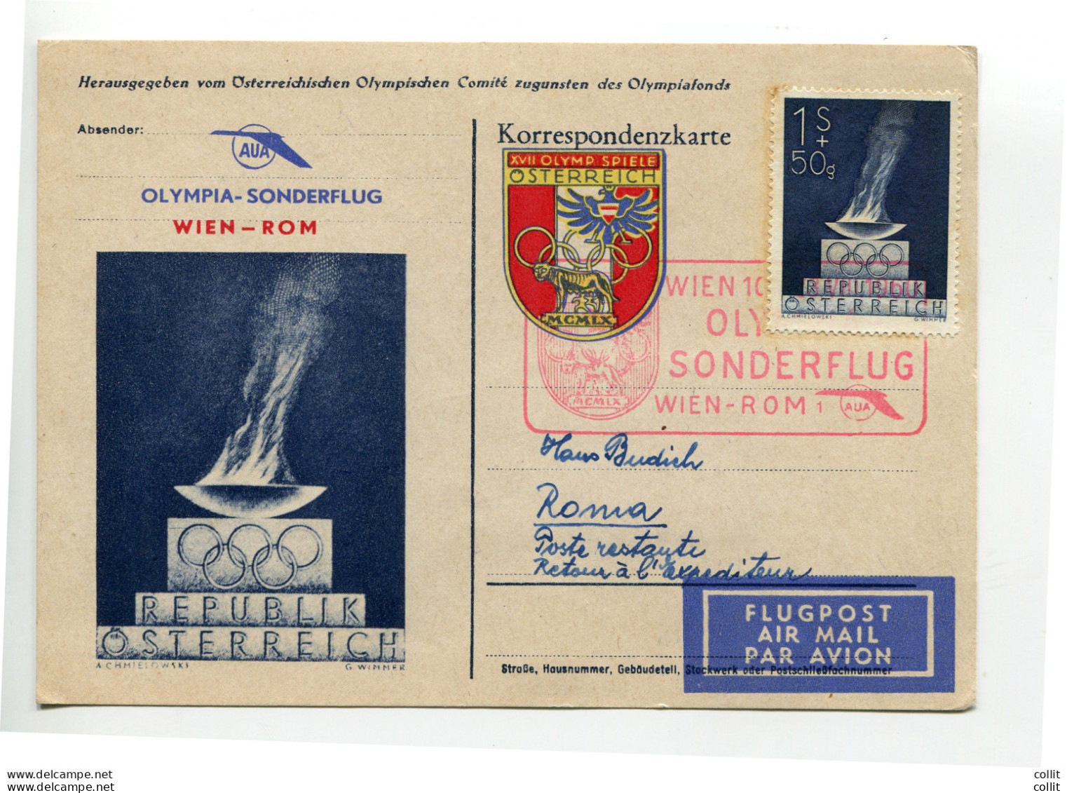 Vienna/Roma 23.8.60 - Cartolina Soprastampata Inoltrata Volo Olimpico AUA - Airmail