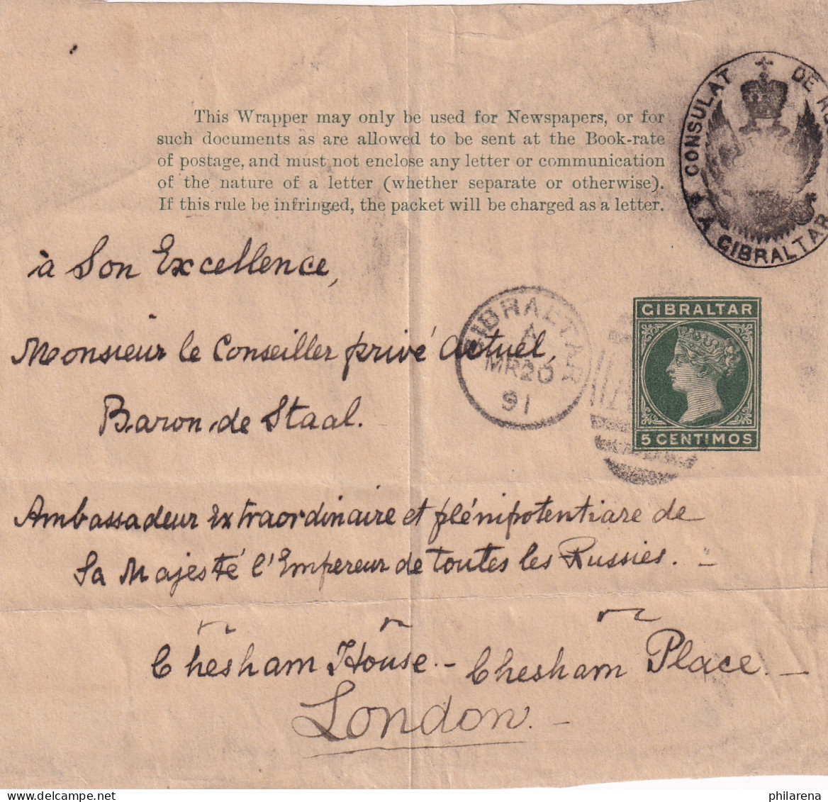 Gibraltar: 1891 Front Page Wrapper Russian Consulat To London - Gibraltar