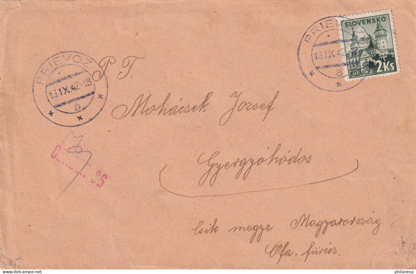 Cover Prievoz 1942 To Hungary, Censor - Autres & Non Classés