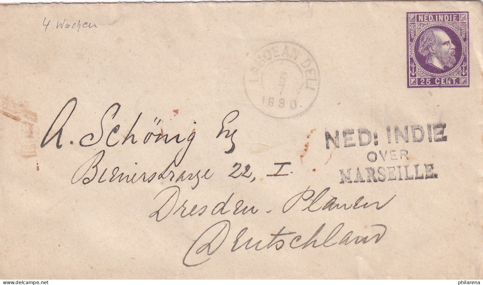 NL India: 1890 Laboean Deli To Dresden: Via Marseille/Singapore - Niederländisch-Indien