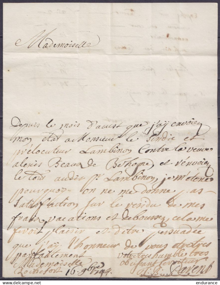 L. Datée 16 Novembre 1744 De ROCHEFORT Pour LIEGE - Port "3" - 1714-1794 (Oostenrijkse Nederlanden)