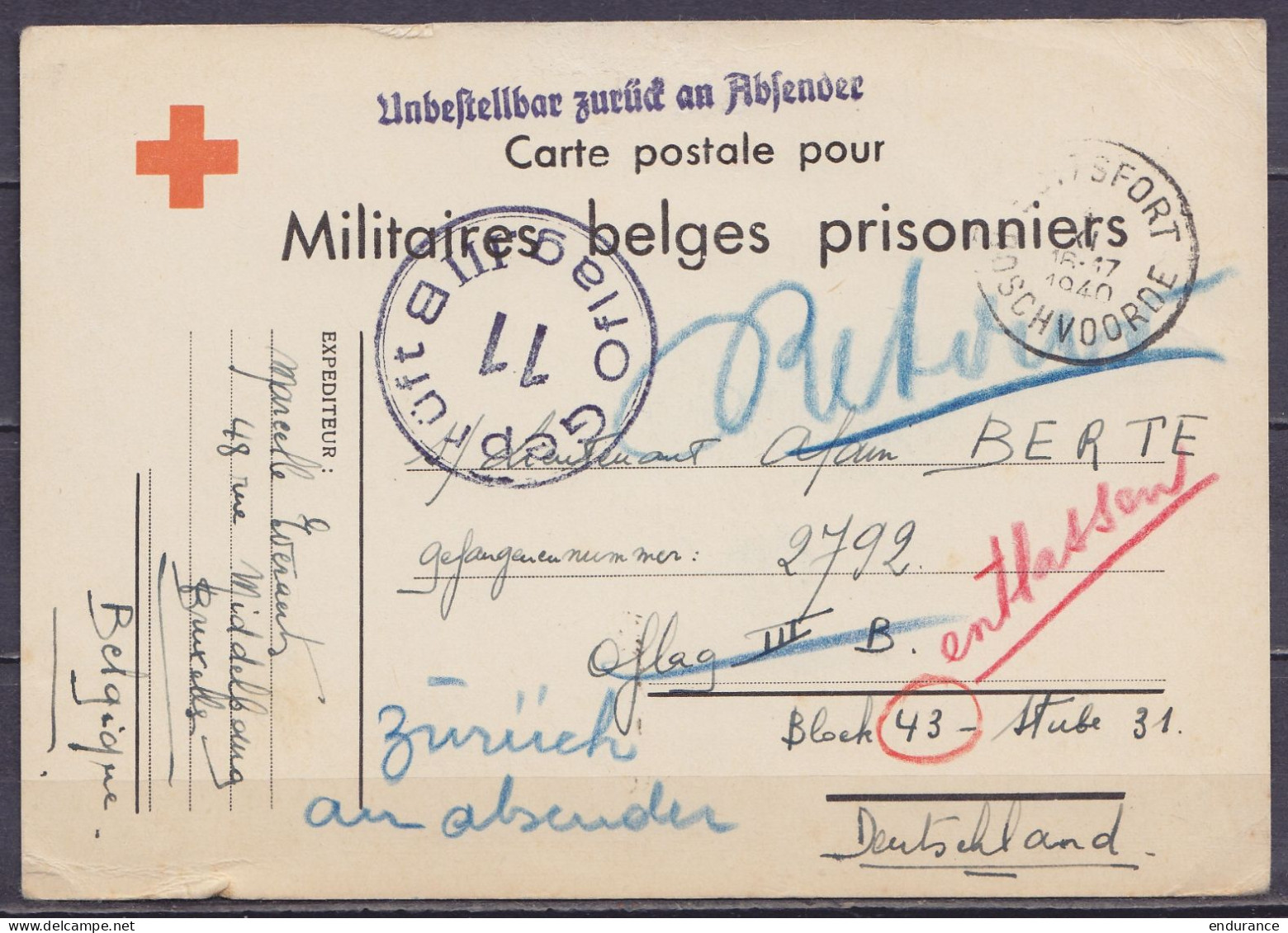 CP Croix-Rouge "pour Militaires Belges Prisonniers" En Franchise Càd BOITSFORT /4 XI 1940 Pour Officier Belge Prisonnier - Guerra 40 – 45 (Cartas & Documentos)