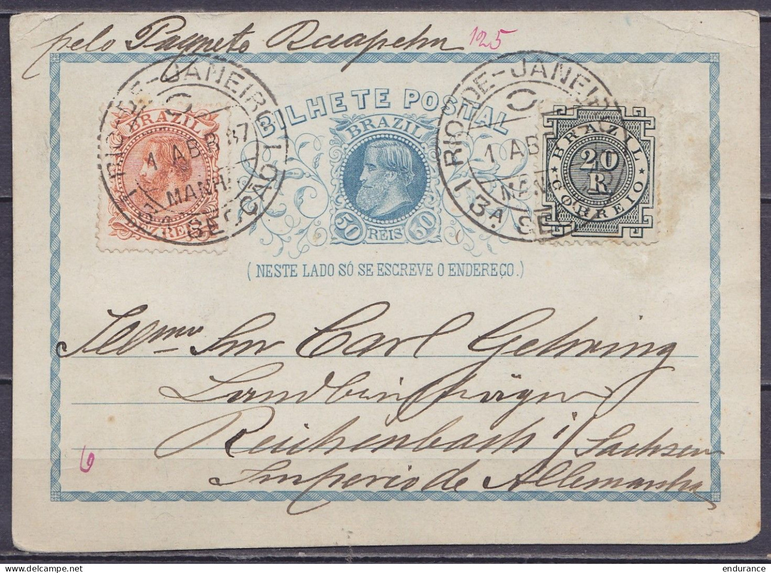 Brésil - EP CP Bilhete Postal 50R + 30R Càpt RIO DE JANEIRO /1 ABR 1887 Pour REICHENBACH Sachsen Allemagne - Covers & Documents