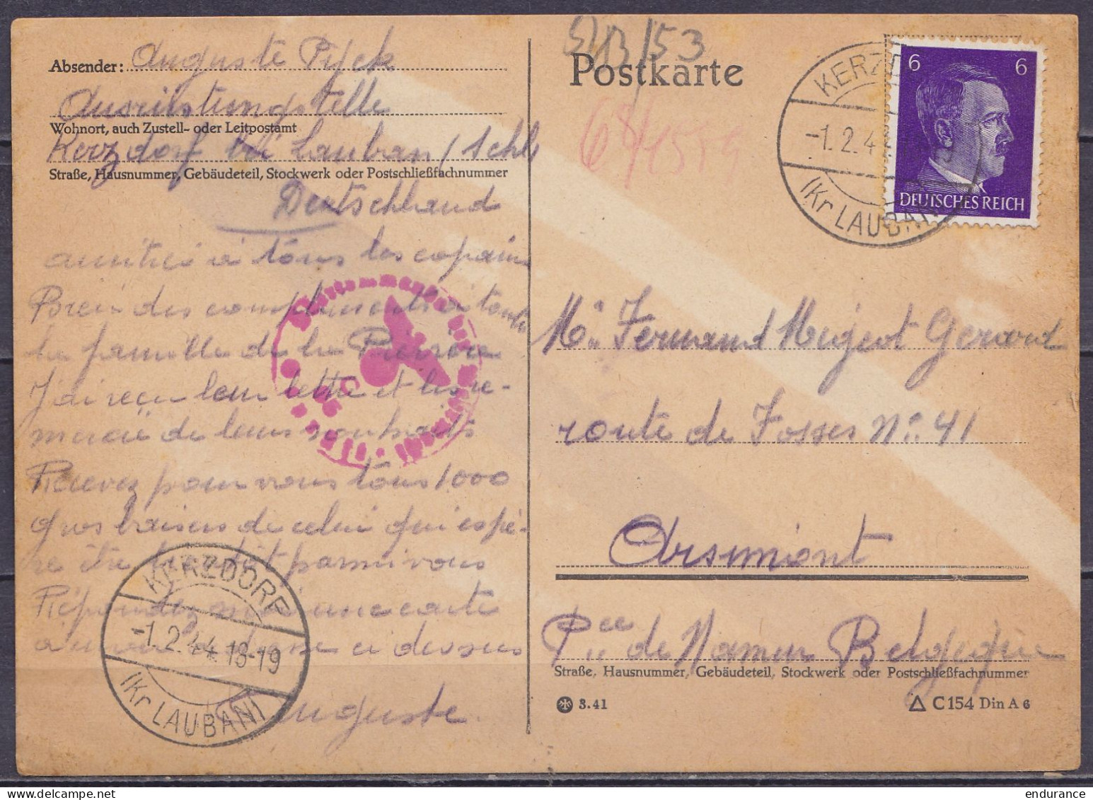 CP Affr. 6pf Càpt "KERZDORF /-1.2.1944/ (Kr LAUBAN)" D'un Prisonnier-travailleur Belge En Allemagne Pour ARSIMONT - Cach - Prisoners Of War Mail