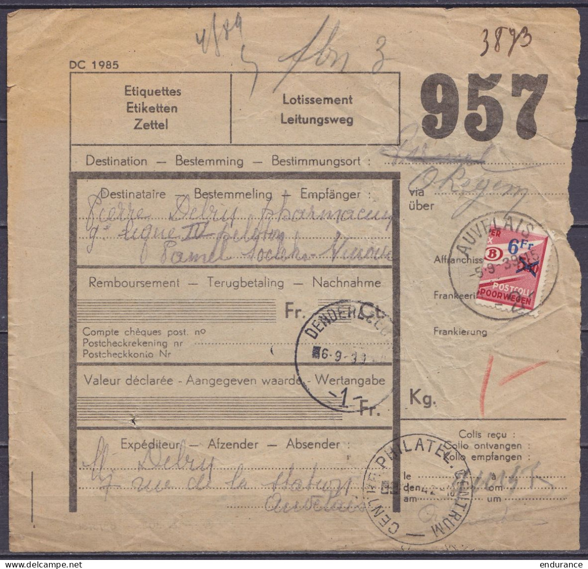Bordereau Chemins De Fer Affr. 1/2 TR204 Càd CdF "AUVELAIS /-5.9-1939 Pour Pharmacien Militaire à PAMEL-…-NINOVE - Càd D - Documents & Fragments