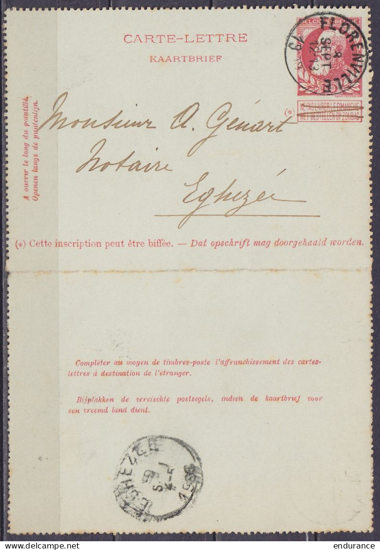 EP Carte-lettre 10c Rouge (type N°74) Càd FLORENVILLE /8 SEPT 1908 Pour EGHEZEE - Postbladen