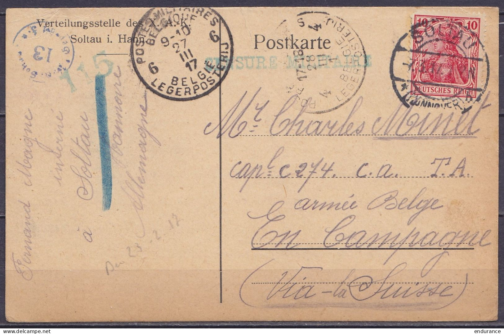 CP D'un Prisonnier Belge En Allemagne Affr. 10pf Càpt SOLTAU /-7.3.1917 Pour … Militaire Belge En Campagne "via La Suiss - Prisoners