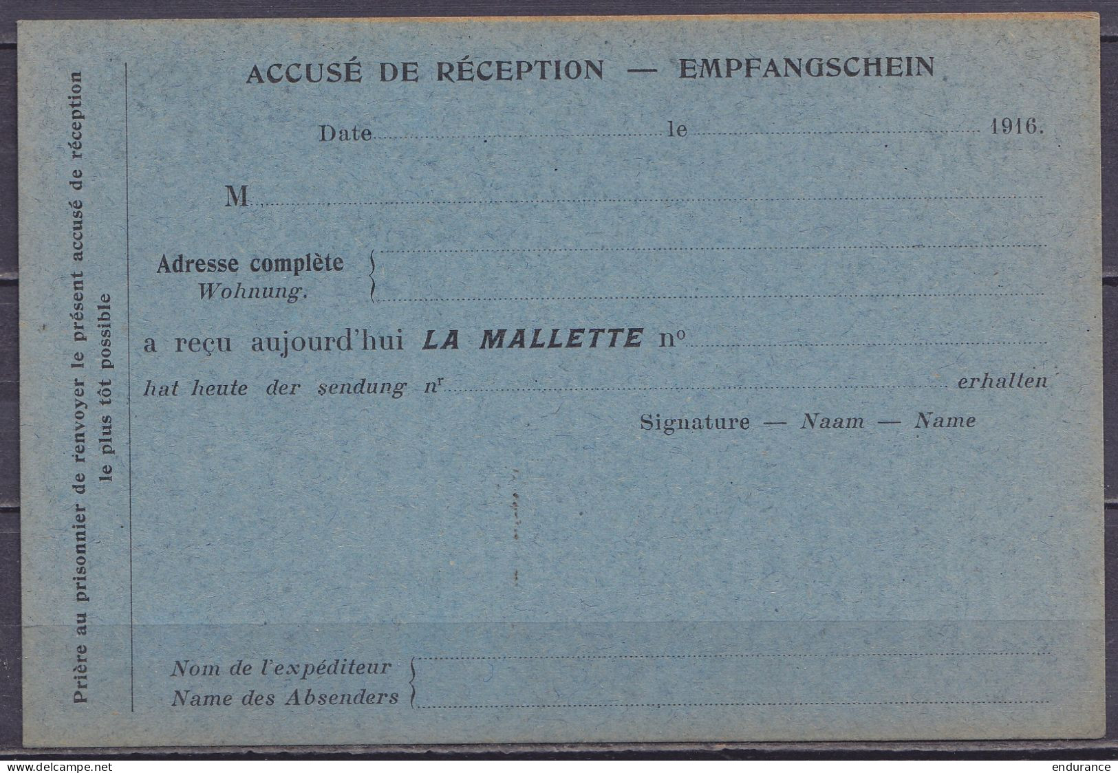 Carte Vierge Accusé De Réception De Colis - "Kriegsgefangenensendung / Bureaux De MONS De L'Agence Belge De Renseignemen - Krijgsgevangenen