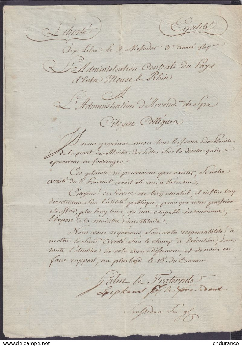 L. Datée 2 Messidor An 3 (20 Juin 1795) De AIX-LA-CHAPELLE Pour SPA - Concerne Les Maîtres Des Postes - 1794-1814 (Période Française)