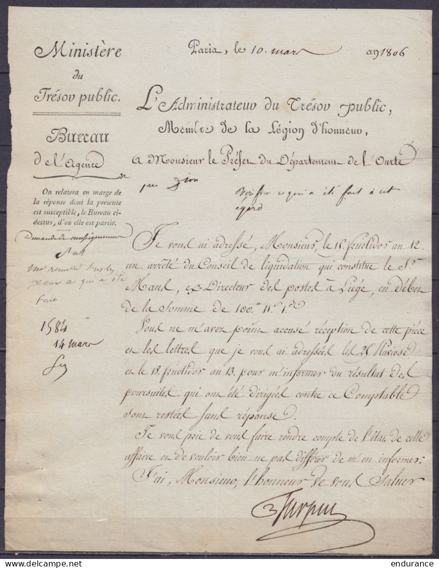 L. Ministère Du Trésor Public Datée 10 Mars 1806 De PARIS - Concerne Poste De Liège - 1794-1814 (Période Française)