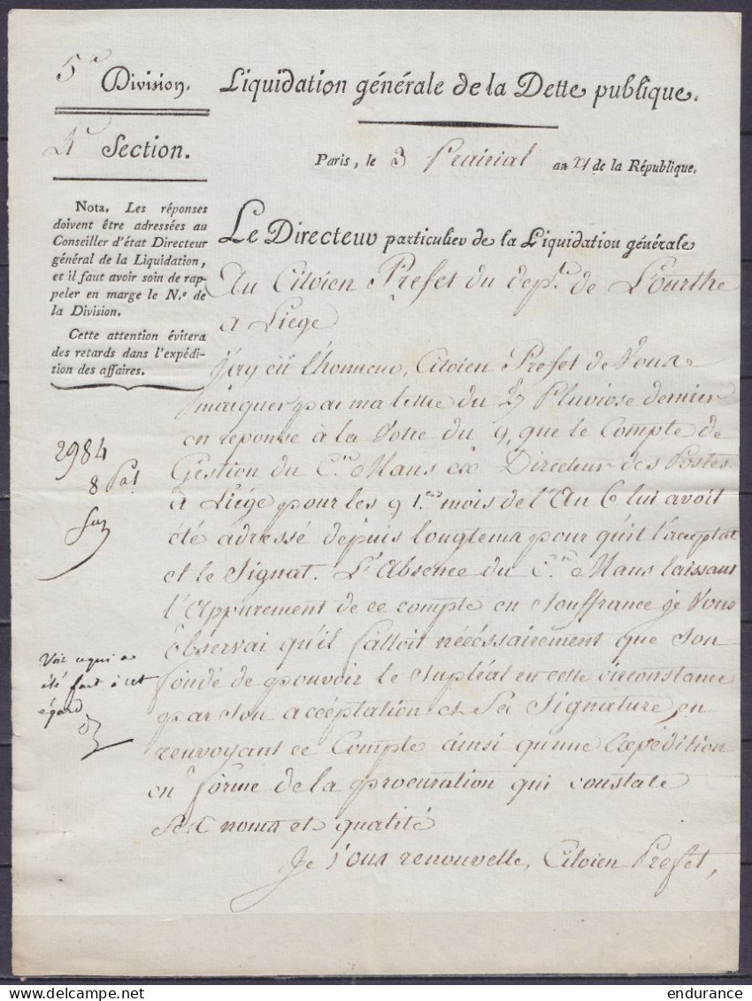 L. "Liquidation Générale De La Dette Publique" Datée 3 Prairial An 11 - Concerne Directeur Des Postes De Liège - 1794-1814 (French Period)