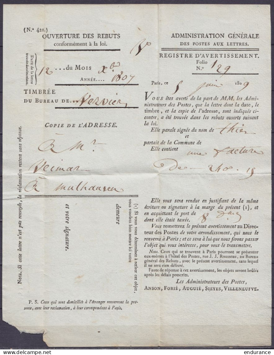 RR L. "Adm. Des Postes Aux Lettres" (ouverture Des Rebuts) Datée 5 Juin 1809 De PARIS Pour VERVIERS Voir Cachets "Dr. Re - 1794-1814 (Période Française)