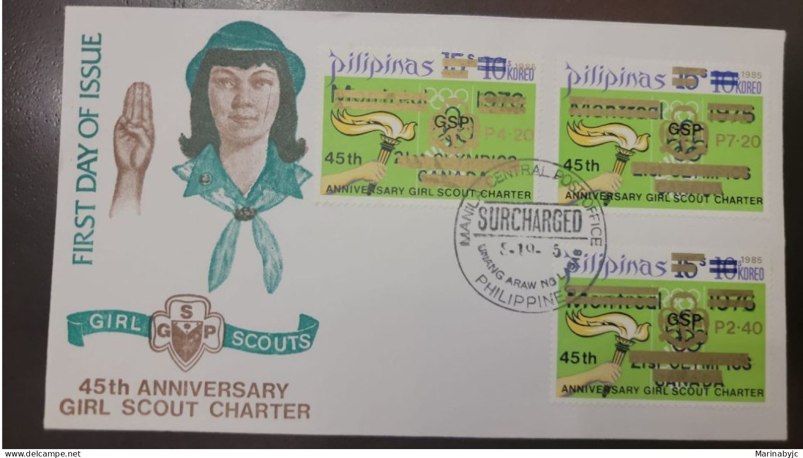 P) 1985 PHILIPPINES, 45TH ANNIVERSARY GIRLS SCOUT CHARTER, SURCHARGED NEW VALUE, ISSUE OF 1976 OVERPRINTED, FDC XF - Philippines