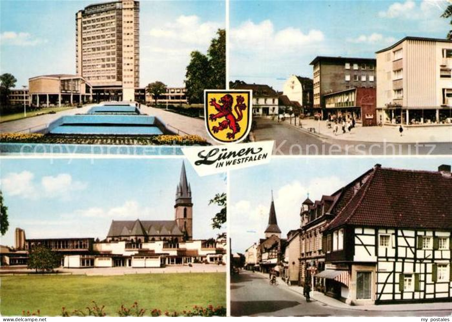 73133621 Luenen Hochhaus Strassenpartie Kirche Wappen Luenen - Luenen