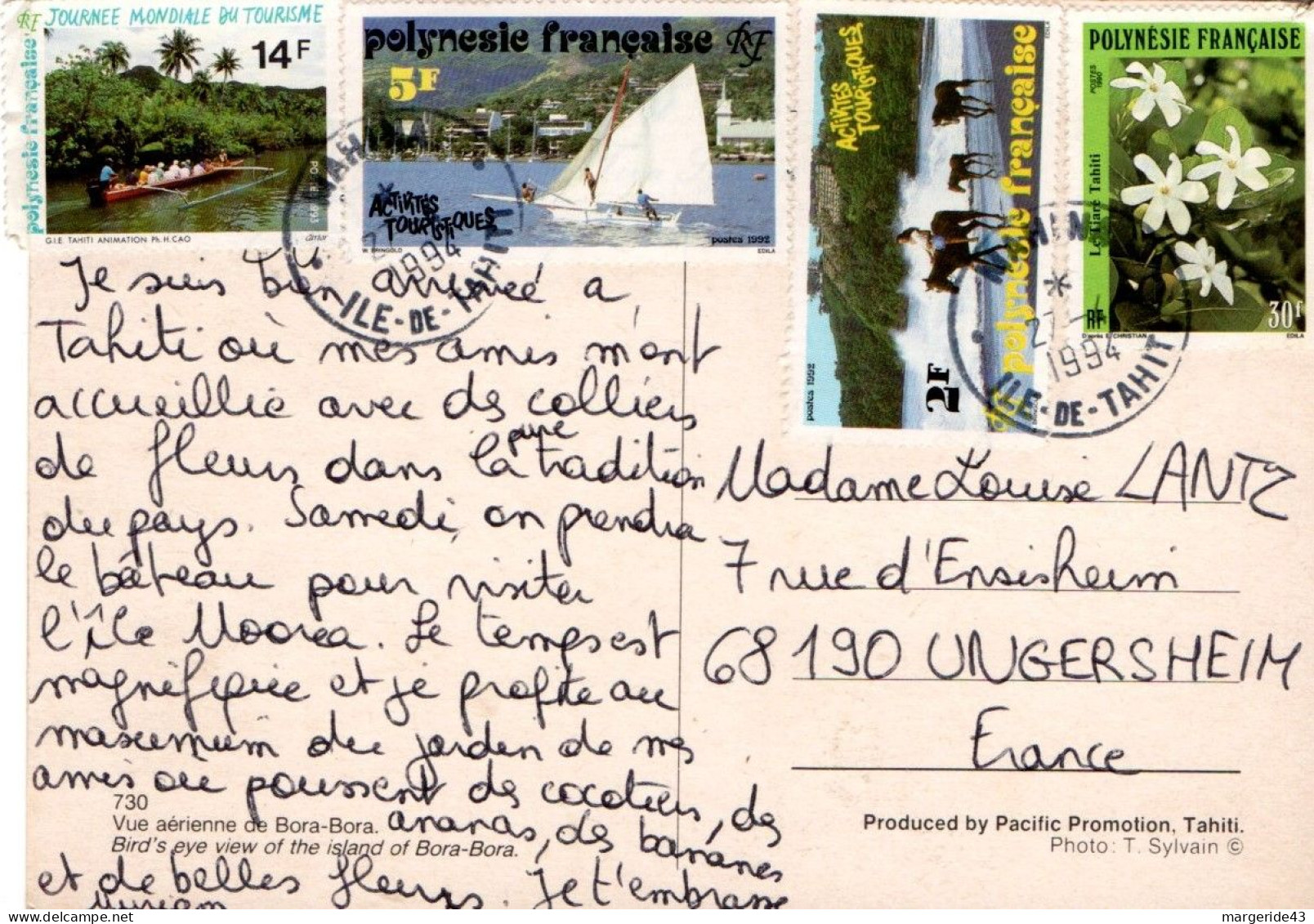 POLYNESIE AFFRANCHISSEMENT COMPOSE SUR CARTE POUR LA FRANCE 1994 - Lettres & Documents