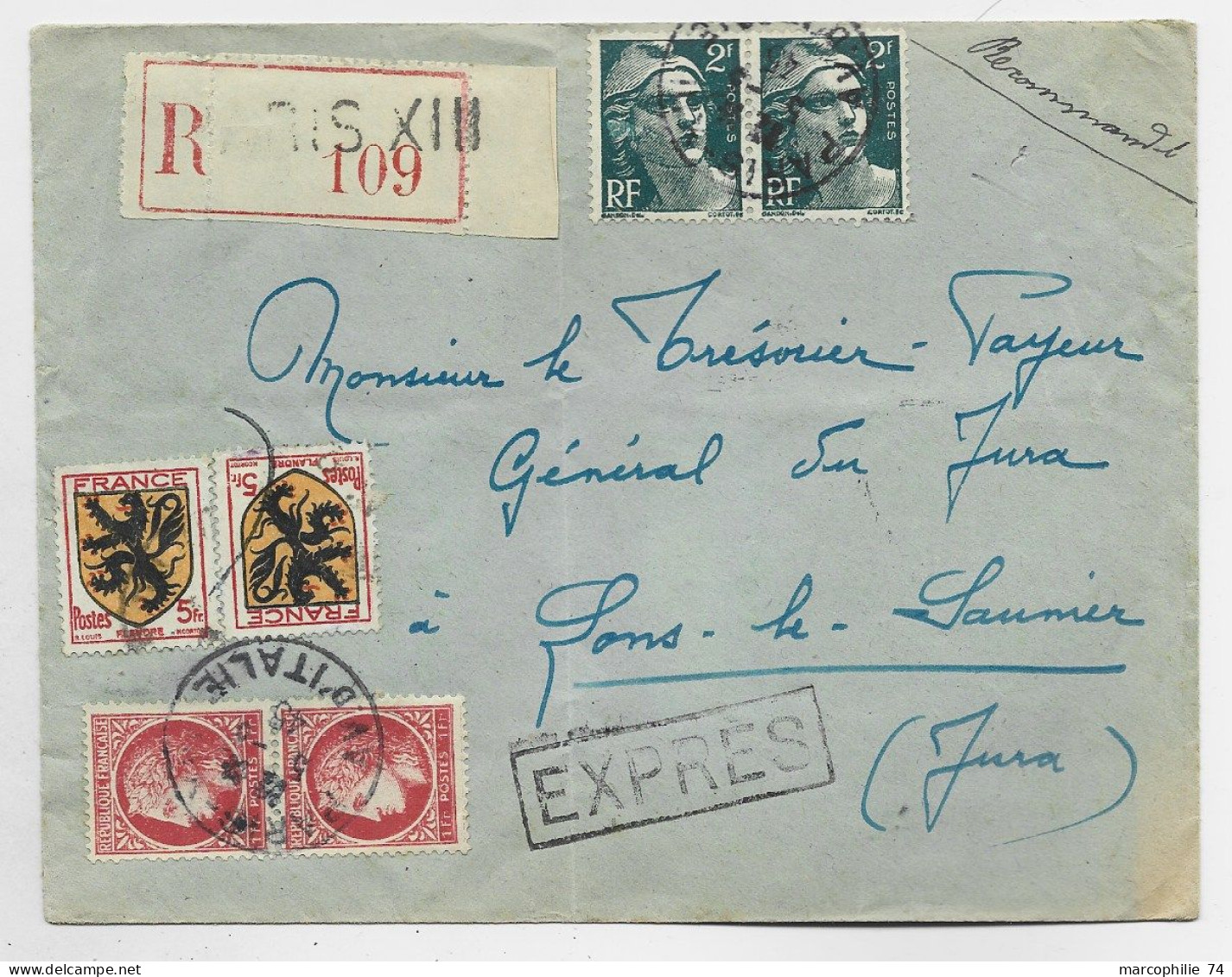 BLASON 5FR X2+ 1FR MAZELIN X2 GANDON 2FRX2  LETTRE REC  EXPRES PARIS 1945  AU TARIF - 1941-66 Armoiries Et Blasons