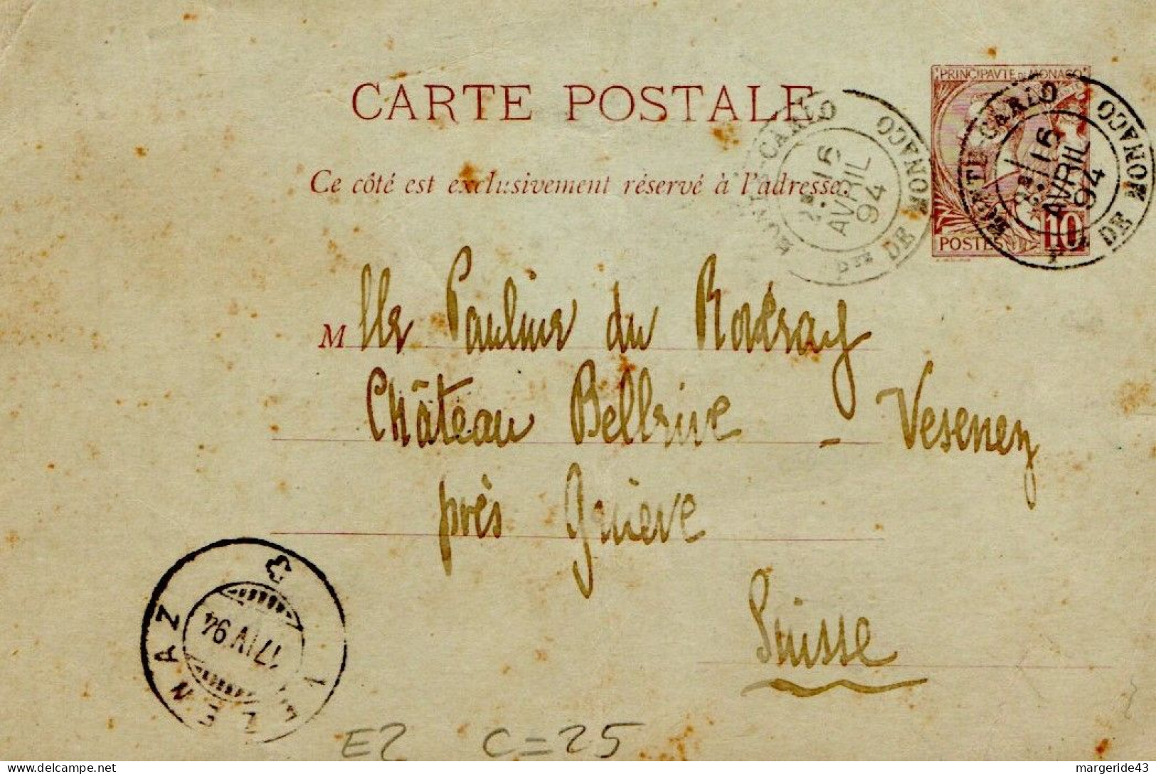 MONACO ENTIER CARTE POUR LA SUISSE 1894 - Storia Postale