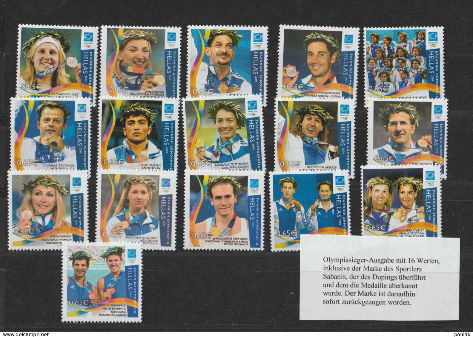 Greece 2004 Olympic Winners W/Sabanis Stamp Which Was Withdrawn 16 Stamps MNH/**. Postal Weight Approx. 0,09 Kg - Sommer 2004: Athen