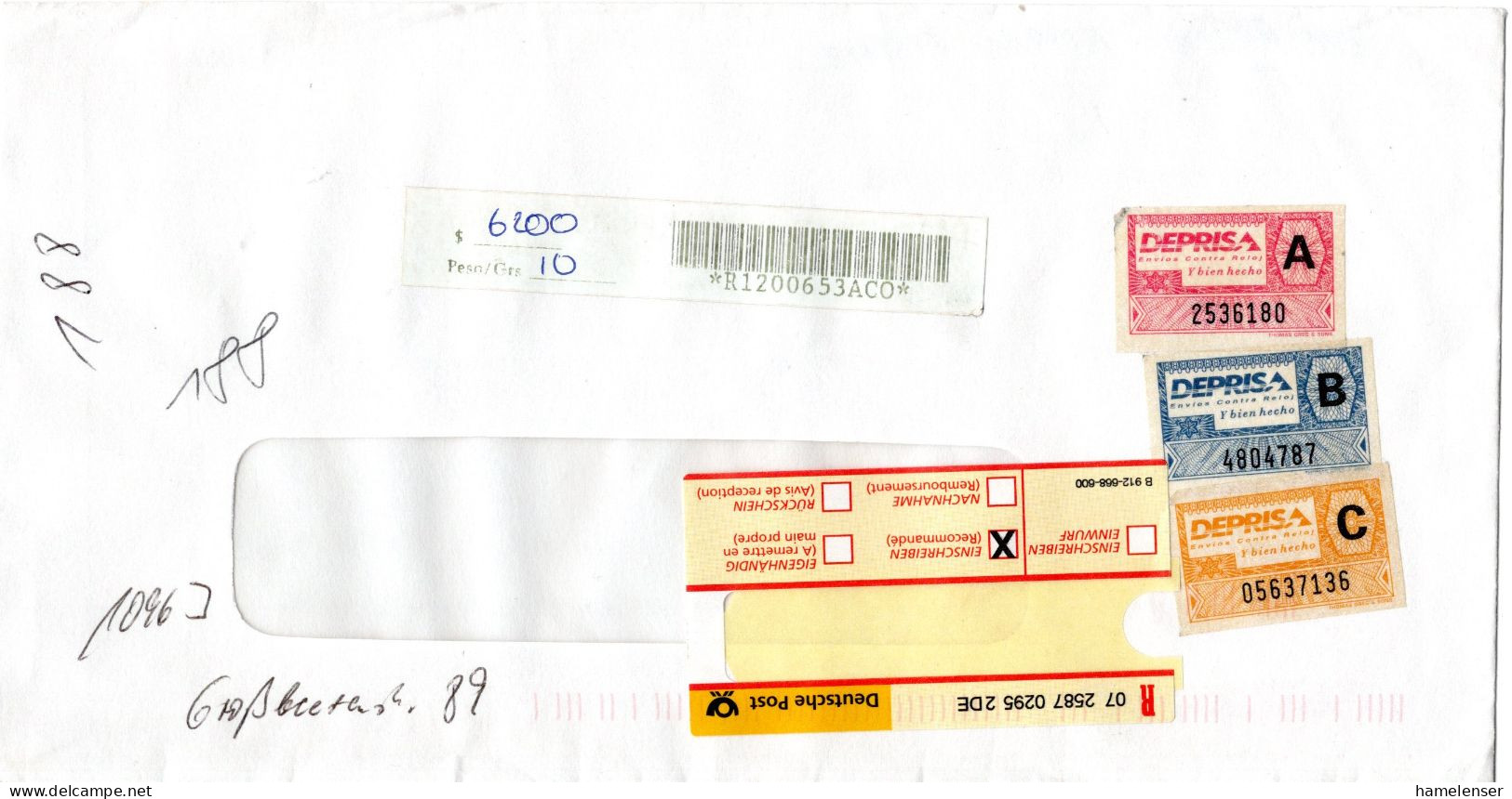 L75564 - Kolumbien / Deprisa - 2002 - $6200 Freistpl & Etiketten A R-Bf BOGOTA -> Deutschland - Colombia