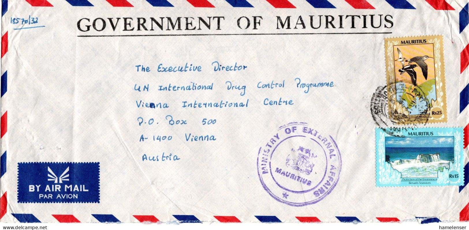 L75567 - Mauritius - 1997 - Rs.25 Zugvoegel (Mgl) MiF A DienstLpBf PORT LOUIS -> UNO Wien - Maurice (1968-...)