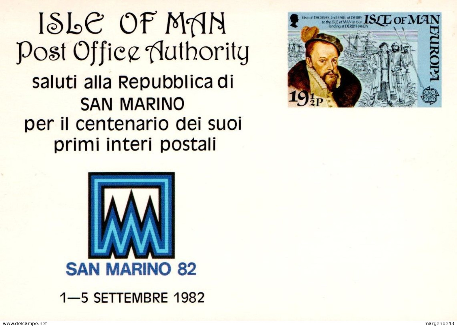 LA POSTE DE L'ILE DE MAN PRESENTE A SAN MARINO 82 - ENTIER REPIQUE - Expositions Philatéliques