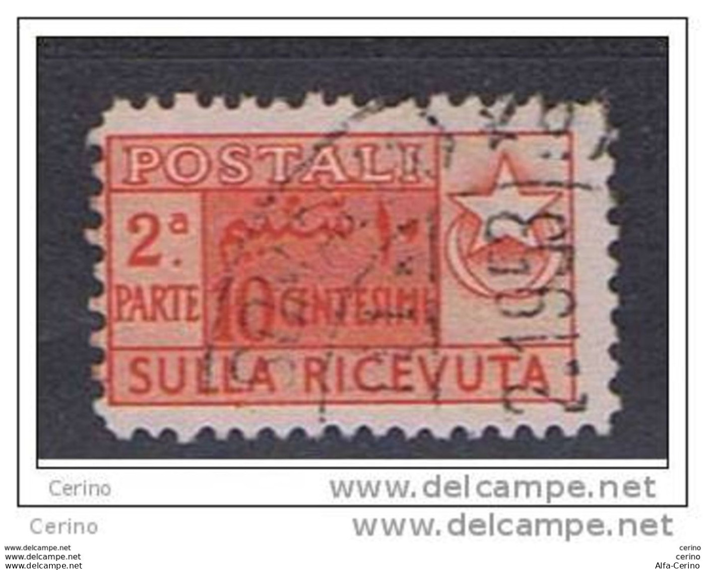 SOMALIA  AFIS:  1950   1/2  P.P. SULLA  RICEVUTA  -  10 C. ARANCIO  US. -  C.E.I. 4 - Somalia (AFIS)