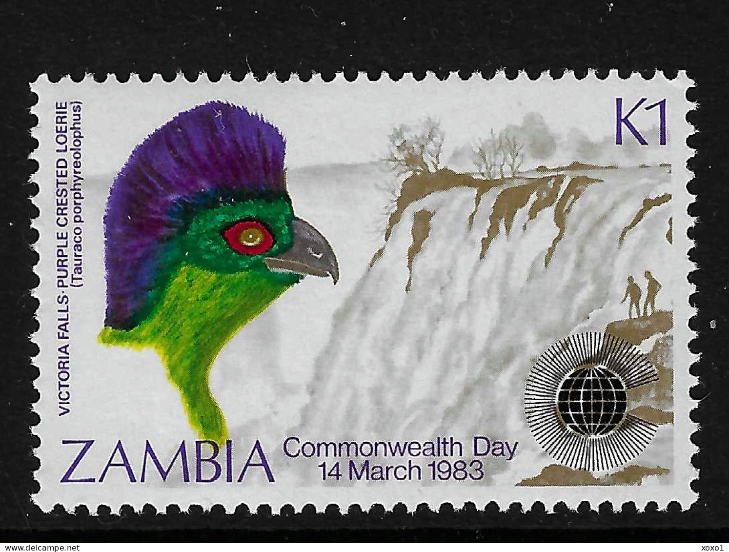 ZAMBIA 1983 MiNr. 289 Sambia Birds Purple-crested Turaco, Victoria Falls 1v MNH** 4,00 € - Zambia (1965-...)