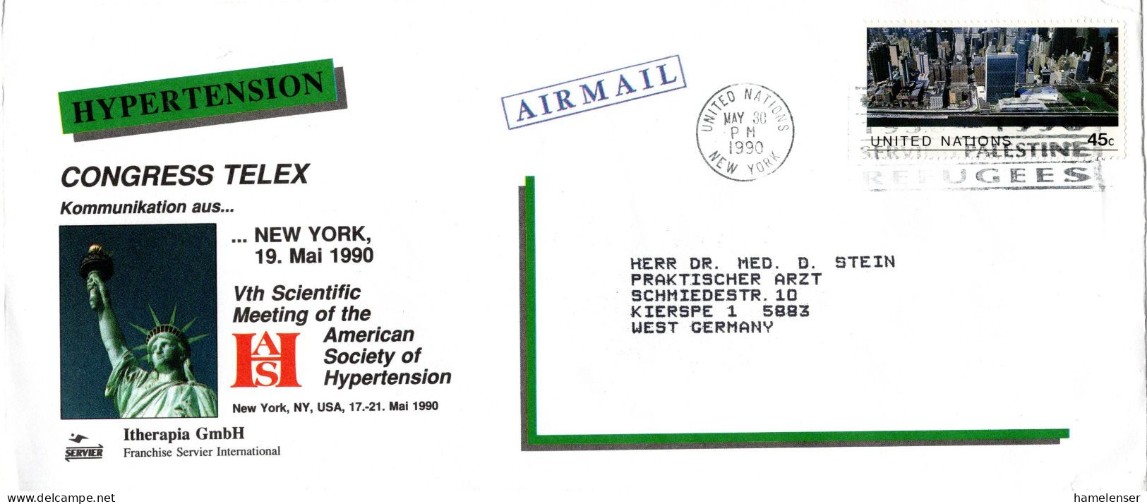 L75582 - UNO New York - 1990 - 45¢ UN-Gebaeude EF A LpBf NEW YORK - ... PALESTINE REFUGEES -> Westdeutschland - Storia Postale