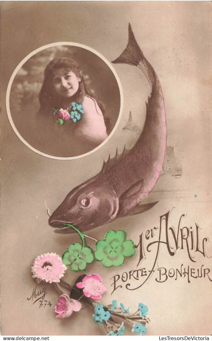 FÊTES - VŒUX - 1er Avril - Porte-bonheur - Femme - Poisson - Fantaisie - Carte Postale Ancienne - 1er Avril - Poisson D'avril