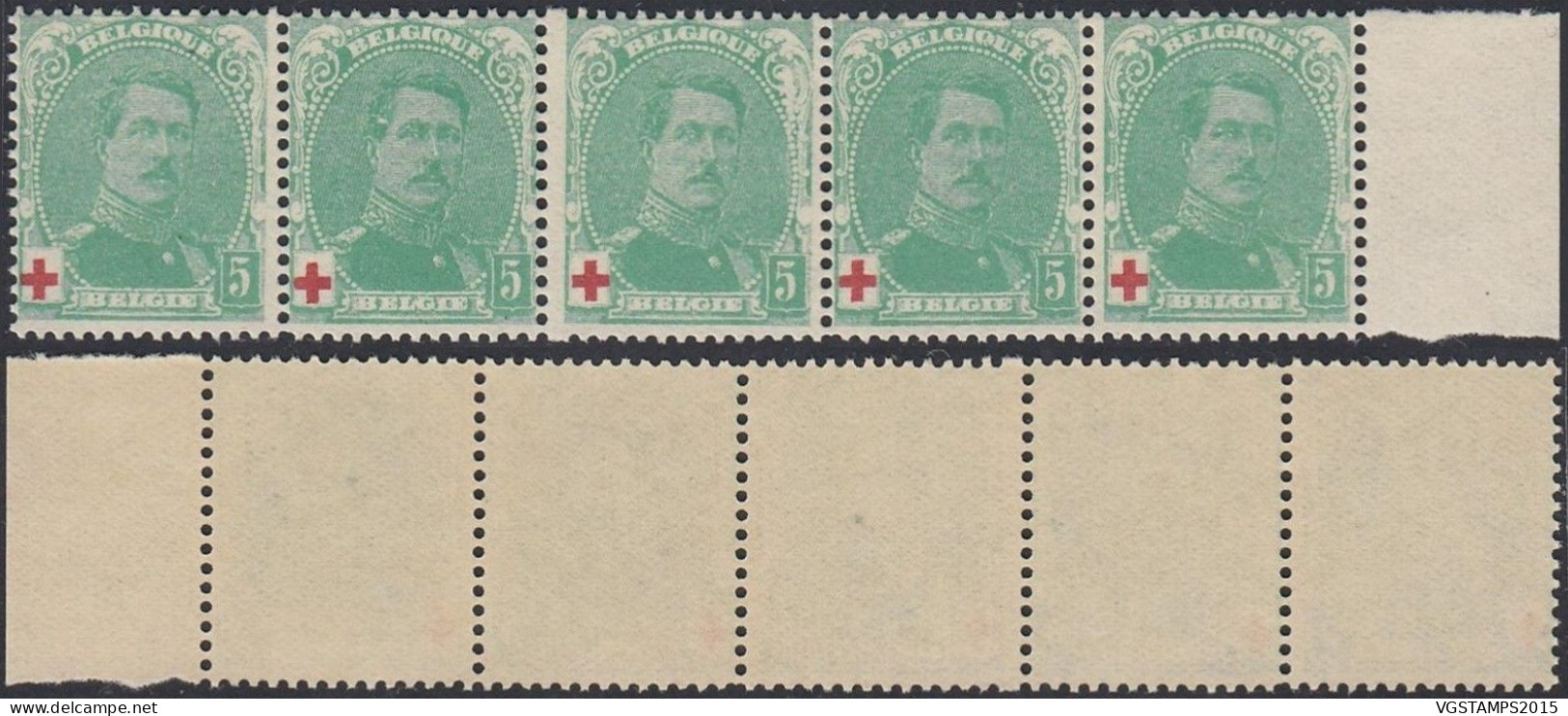 Belgique 1914 - Timbres Neufs. COB Nr.: 129 A. Dont 1 Avec Variété: "Volute Droite Brisé". Bande De 5..... (EB) AR-02043 - 1914-1915 Red Cross