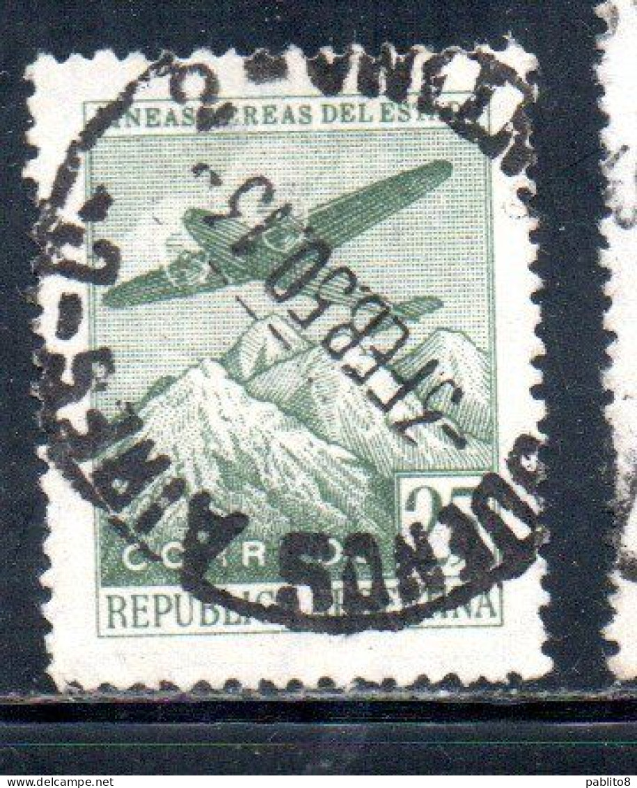 ARGENTINA 1946 AIR MAIL POSTA AEREA CORREO AEREO PLANE OVER THE ANDES CENT. 25c USATO USED OBLITERE' - Poste Aérienne