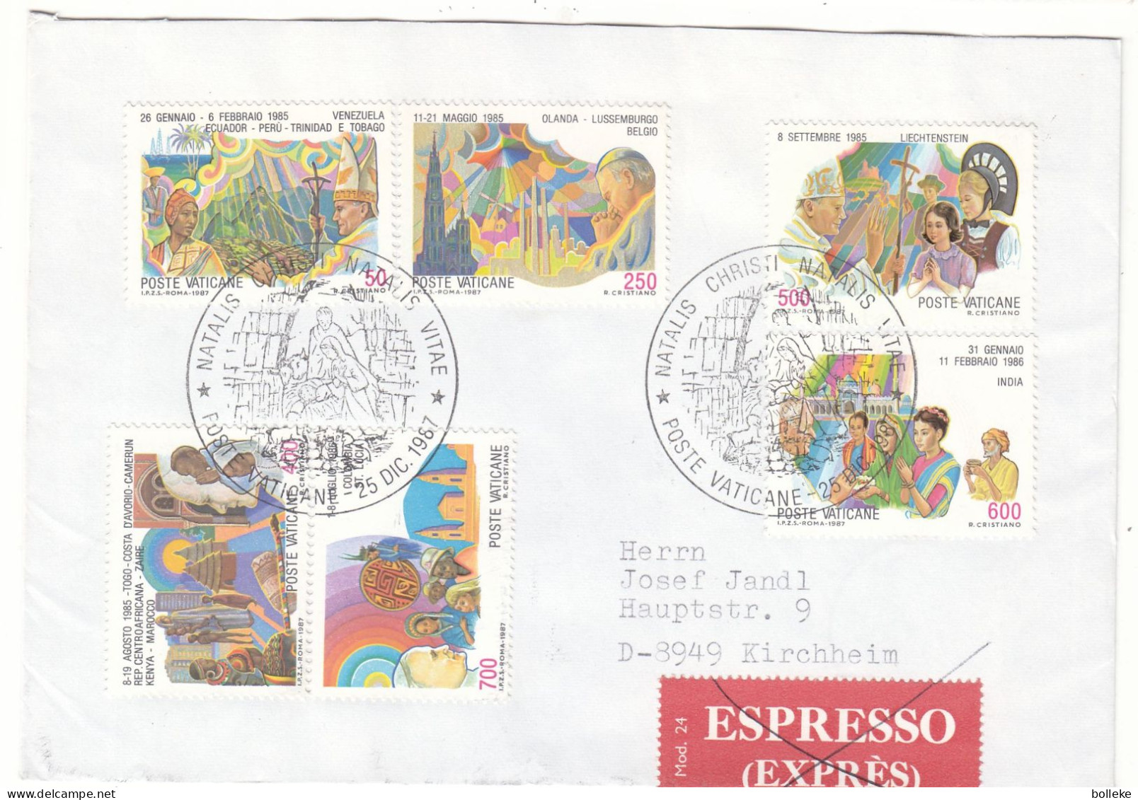 Vatican - Lettre Exprès De 1987 - Oblit Poste Vaticane - Exp Vers Kirchheim - Cachet Augsburg Et Middelheim - Valeur 13€ - Covers & Documents