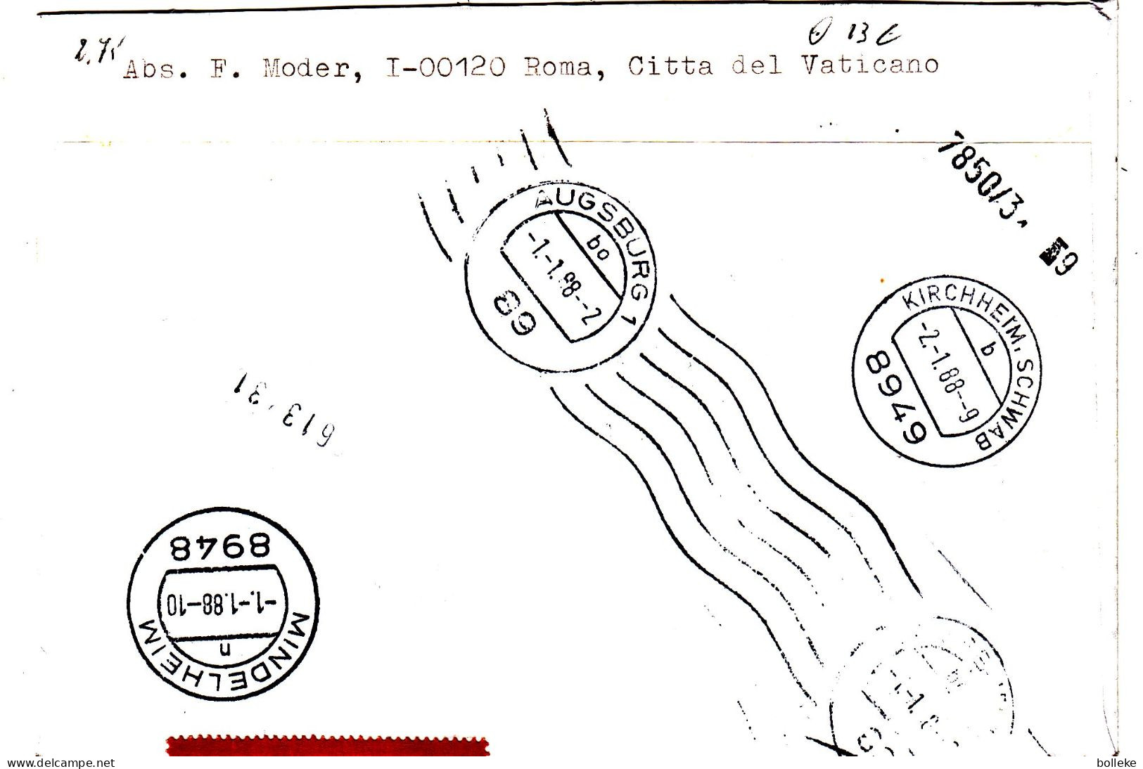 Vatican - Lettre Exprès De 1987 - Oblit Poste Vaticane - Exp Vers Kirchheim - Cachet Augsburg Et Middelheim - Valeur 13€ - Cartas & Documentos