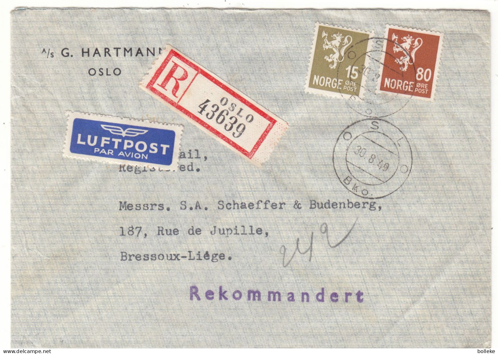 Norvège - Lettre Recom De 1949 - Oblit Oslo -  Exp Vers Bressoux Liège - - Lettres & Documents