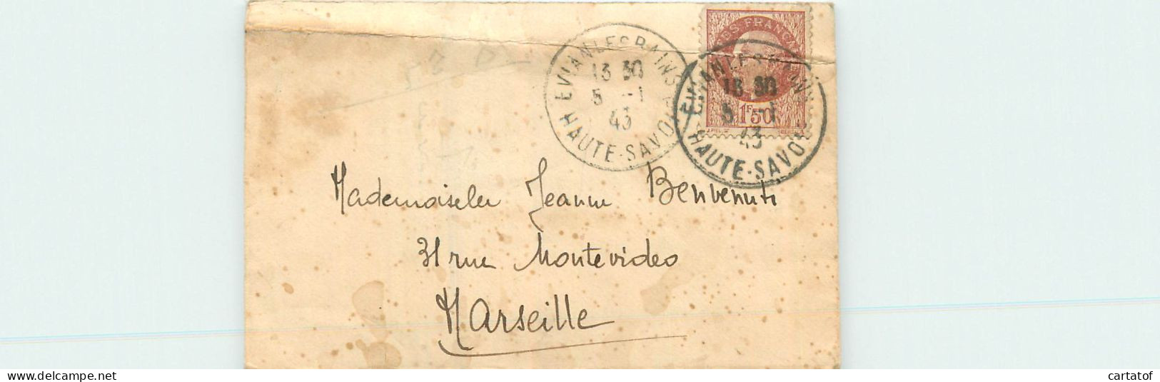 Petite Enveloppe Avec Timbre POSTES FRANCAISE 1,50 F De 1943 Oblitéré à EVIAN Les BAINS - Gebruikt