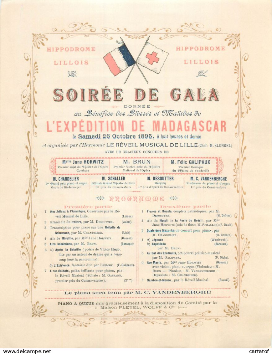 REVEIL MUSICAL DE LILLE à Hippodrome LILLOIS . SOIREE DE GALA 26 Octobre 1895 . Expédition De MADAGASCAR .  - Affiches