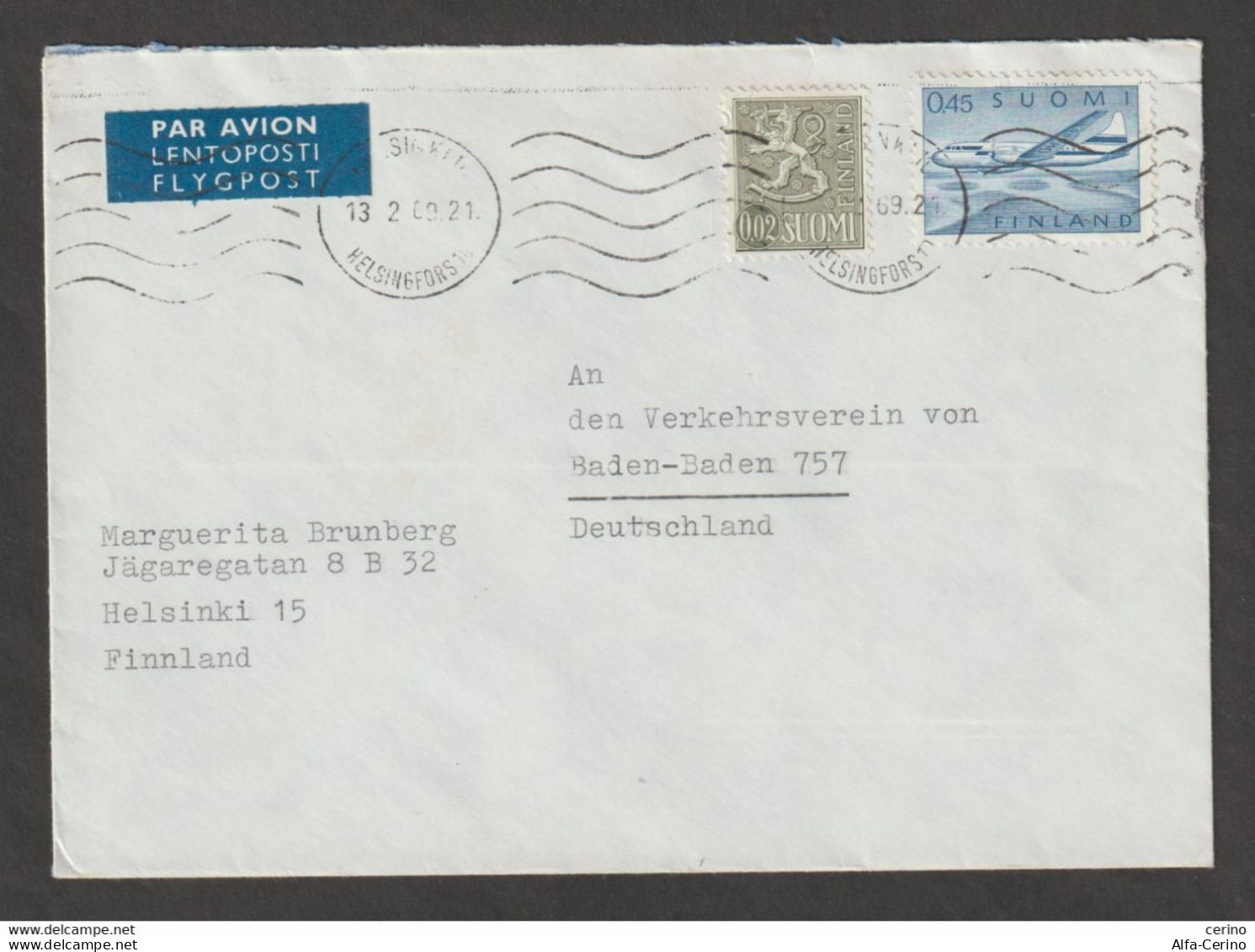 FINLAND:  1969  COVER  FLYGPOST  WITH  45 P. (8 A.M.) + 2 P. -  TO  GERMANY - Covers & Documents