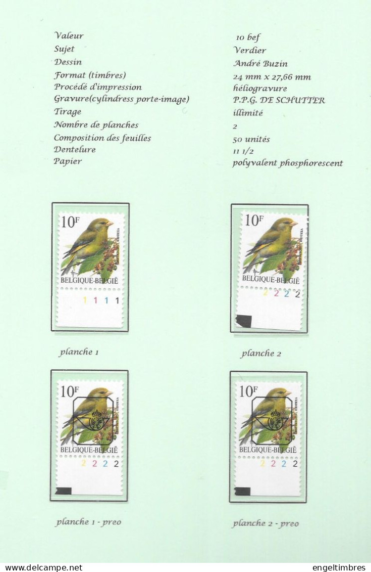 Belgium1992 BUZIN Bird -  Verdier/Groenling 10 Bfrs Plaatnrs 1 - 2 Mint Plain Stamps +  Preos (scans) - 2011-..