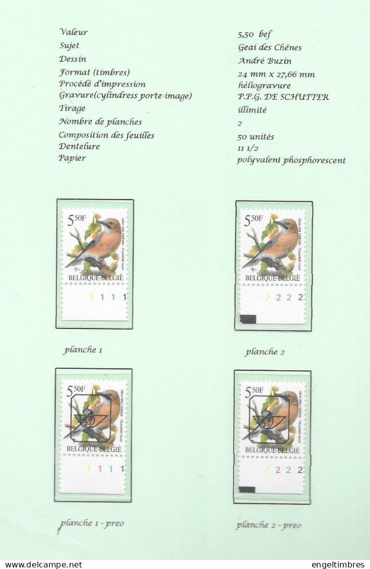 Belgium1993 BUZIN Bird -  Geai Des Chênes/Vlaamse Gaai 10 Bfrs Plaatnrs 1 - 2 Mint Plain Stamps +  Preos (scans) - 2011-..