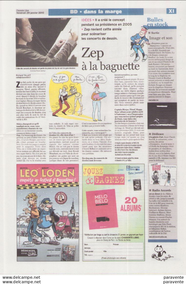 Journal CHARENTE LIBRE BD 2010 Avec Lucile GOMEZ , HERGE , BLUTCH , LAMBIL , ZEP - Andere & Zonder Classificatie