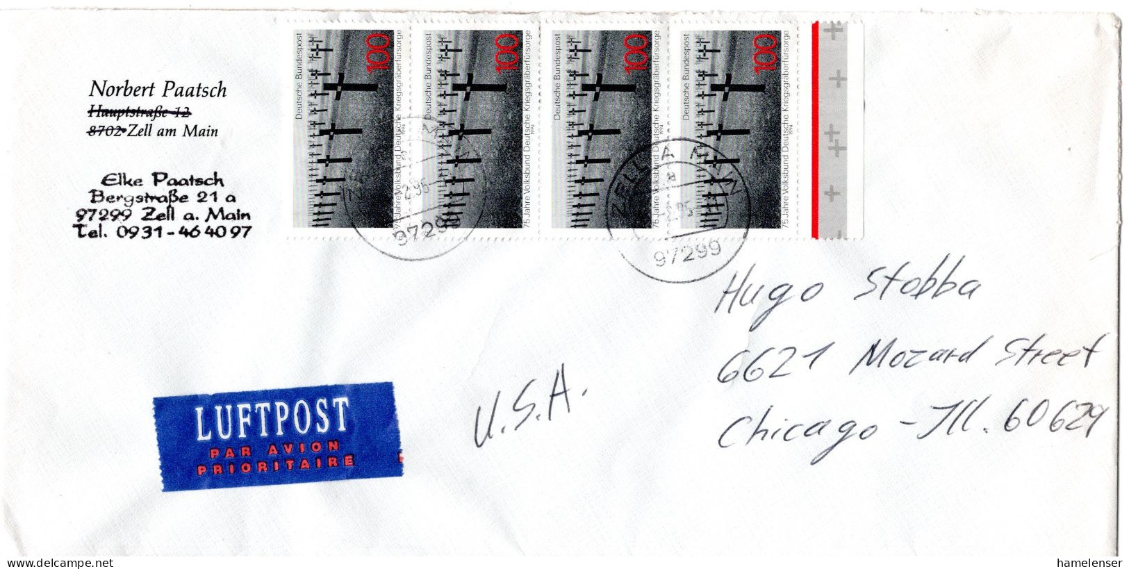 L75584 - Bund - 1995 - 4@100Pfg Kriegsgraeberfuersorge A LpBf ZELL -> Chicago, IL (USA) - Lettres & Documents