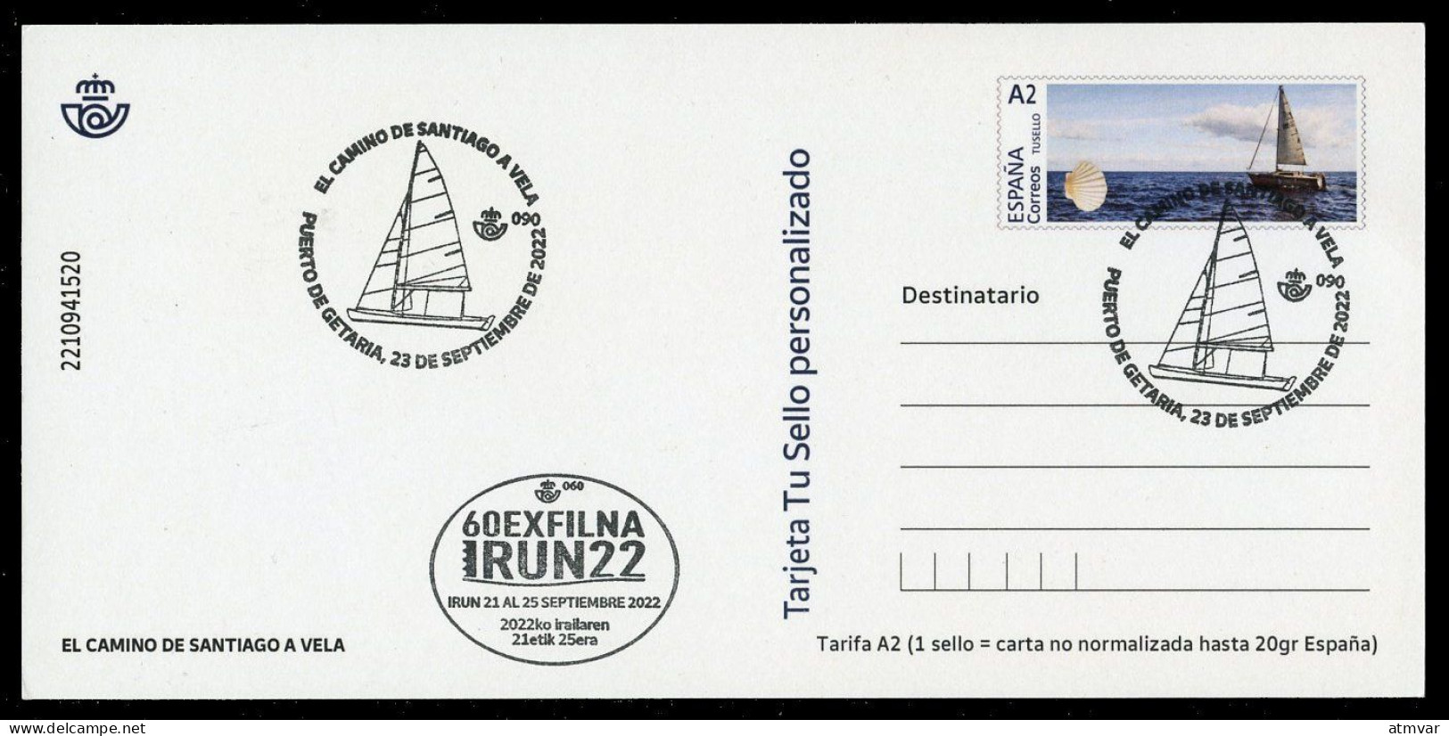 ESPAÑA SPAIN (2022) - Tarjeta Prefranqueada El Camino De Santiago A Vela, 60 EXFILNA Irún - GETARIA (Sailing, Voile) - 1931-....