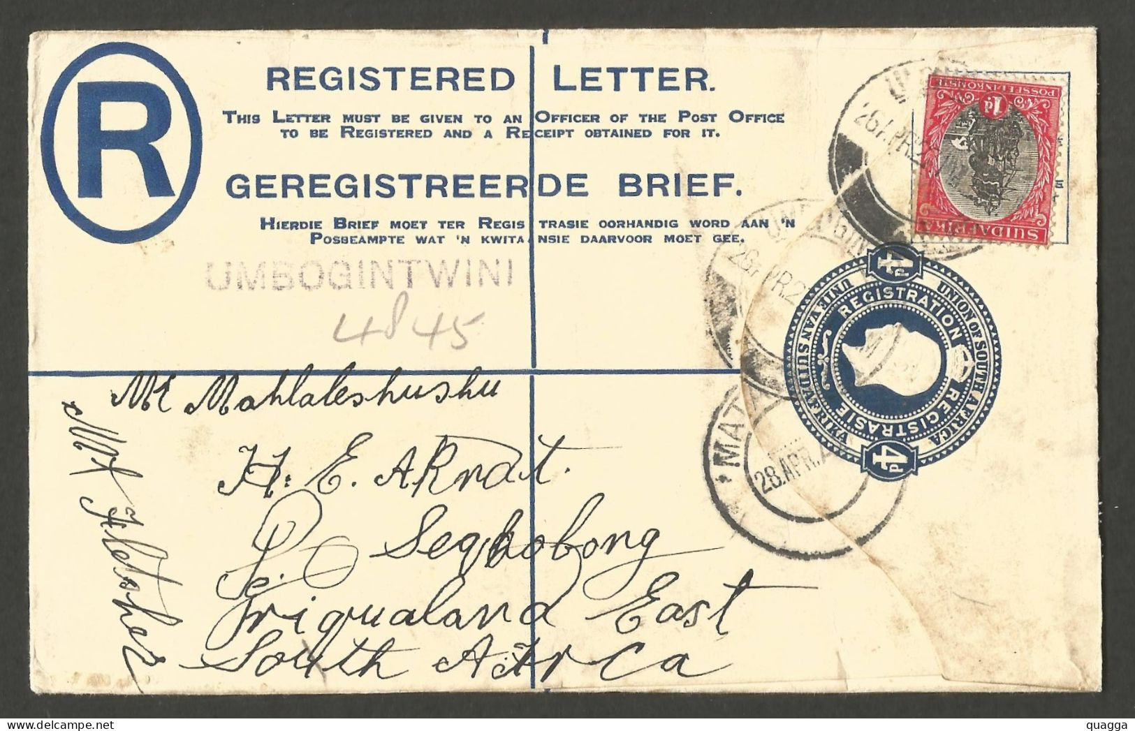 South Africa 1927. Registration Cover From UMBOGINTWINI To Seqhobong (Transkei). - Covers & Documents