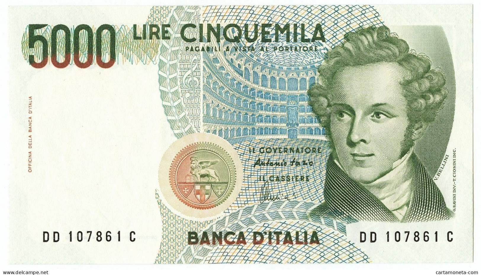 5000 LIRE BANCA D'ITALIA VINCENZO BELLINI LETTERA D 26/11/1996 FDS - Autres & Non Classés