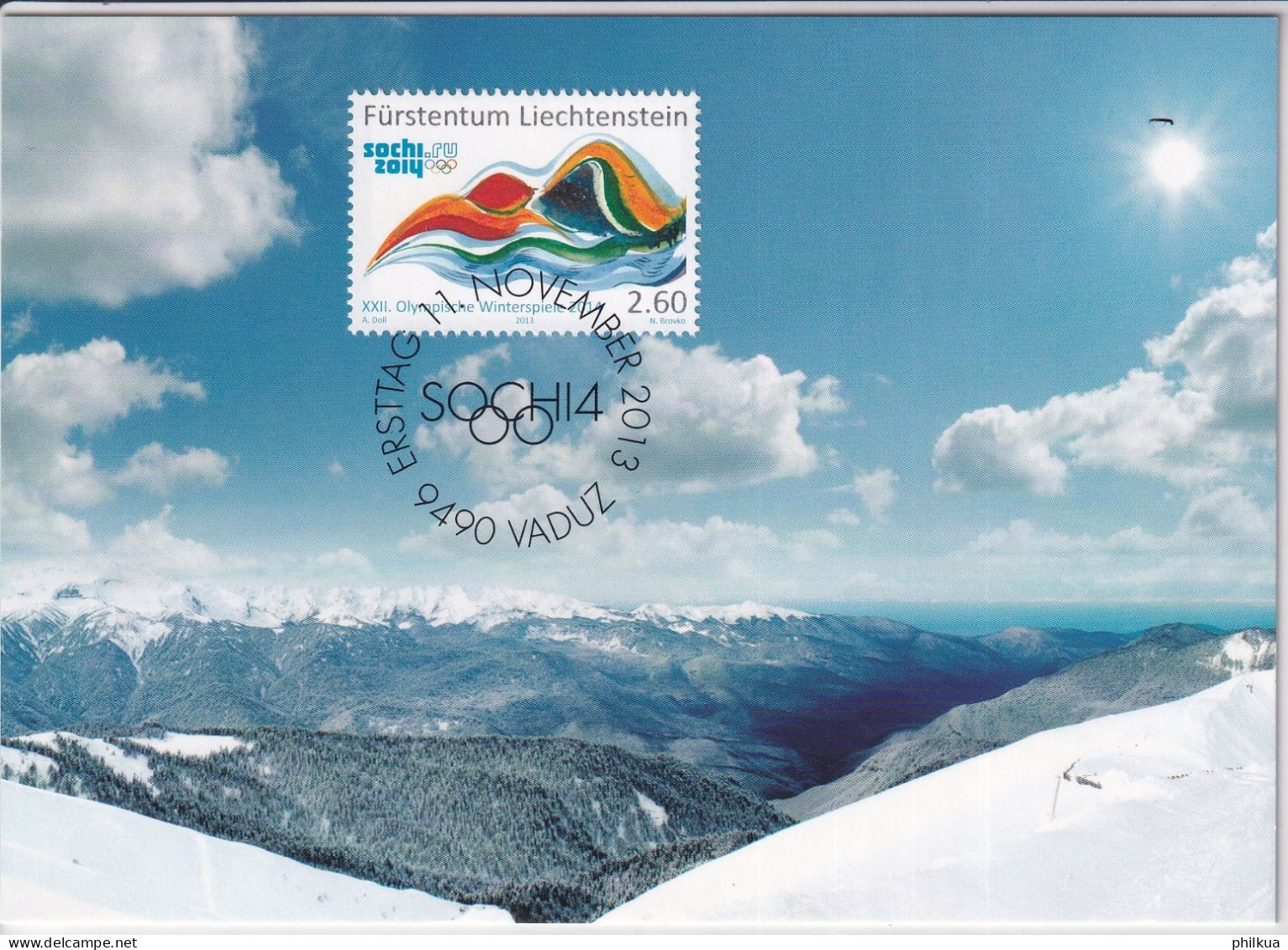 Maximumkarte - MiNr. 1699 Liechtenstein 2013, 11. Nov. Olympische Winterspiele 2014, Sotschi - Maximumkaarten