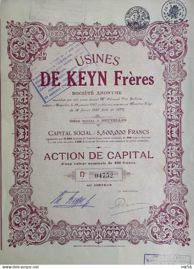 Usines De Keyn Frères - Bruxelles - Action De Capital - 1927 - Industrie