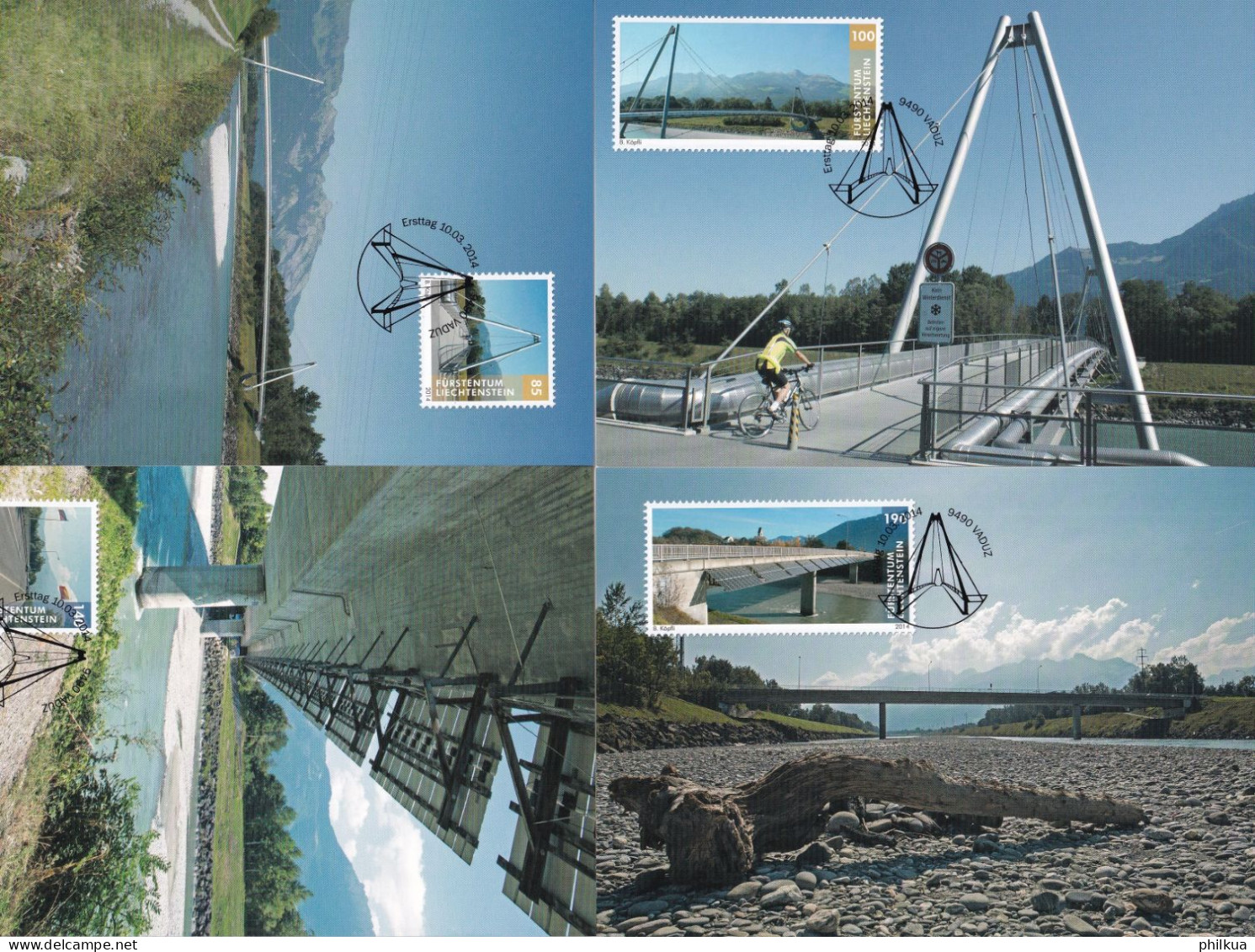 Maximumkarte - MiNr. 1703 - 1706 Liechtenstein 2014, 10. März. Brücken Verbinden (II): Rheinbrücken - Cartes-Maximum (CM)