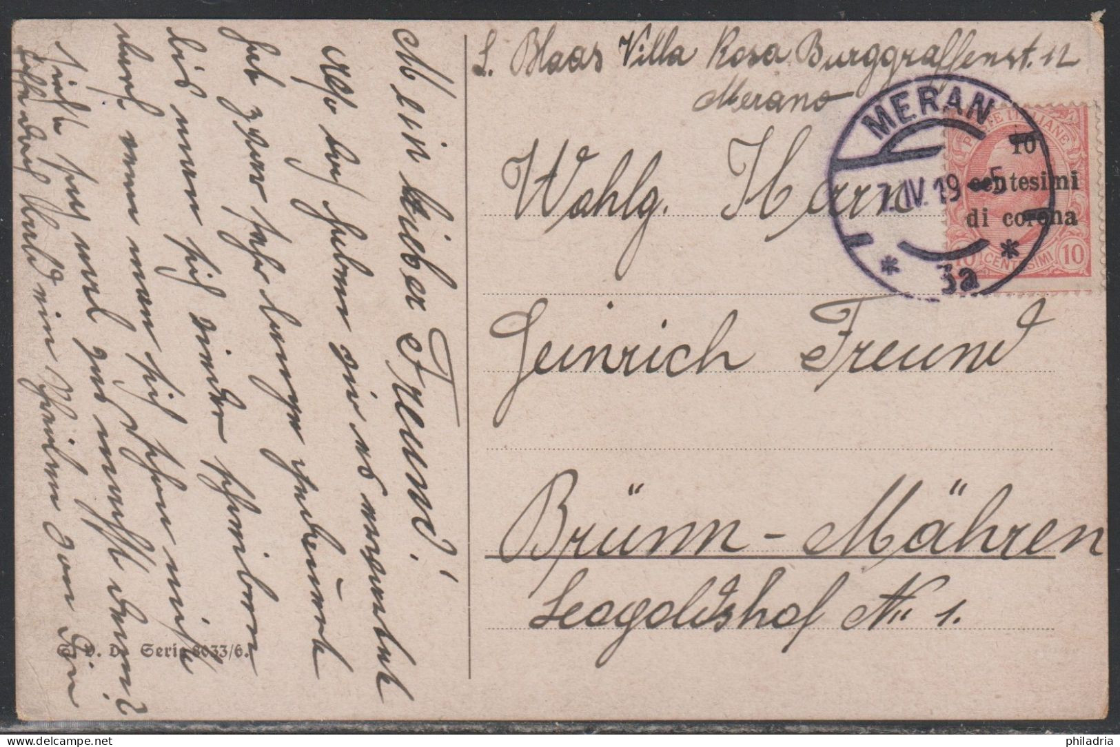 Merano, 1919, Picture Postcard Franked With 10 Cent. - Meran